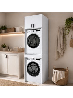 Rani KD116 Çamaşır ve Kurutma Makinesi Dolabı Çekmeceli Raflı Banyo Dolabı Beyaz