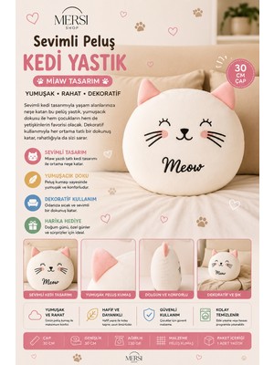 Mersi Shop Sevimli Peluş Kedi Yastık 30 cm – Yumuşak Dekoratif Meow Tasarım Yastık