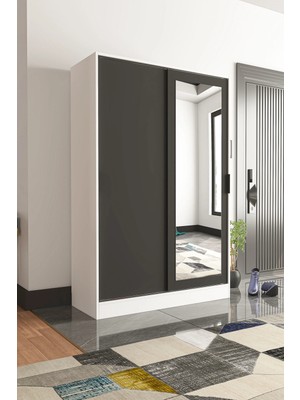 Tumblera Aura Grey White Aynalı Sürgü Kapaklı Portmanto & Vestiyer Ayakkablık Dolabı 9 Raflı 6 Askılı