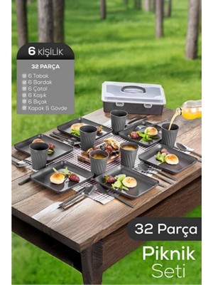 Piev Taşınabilir 32 Parça 6 Kişilik Piknik Seti Antrasit
