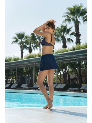 Ruko 3'lü Etekli Bikini Takımı Toparlayıcı Şortlu Etekli Lacivert Puantiyeli Mayo Bikini Seti C5T4N1O62-2