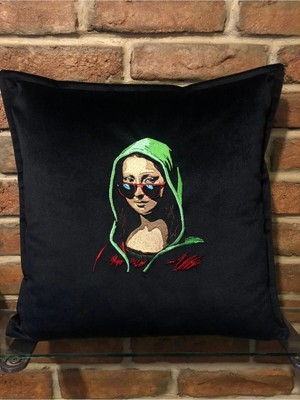 Harmony Factory Mona Lisa Nakışlı Siyah Kadife Kırlent Kılıfı Sanat Eseri Temalı Dekoratif Yastık