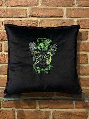 Harmony Factory French Bulldog Nakışlı Siyah Kadife Kırlent Kılıfı Köpek Severlere Özel Dekoratif Yastık
