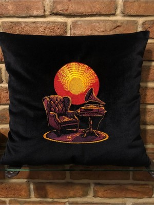 Harmony Factory Retro Koltuk Nakışlı Siyah Kadife Kırlent Kılıfı Vintage Salon Temalı Dekoratif Yastık