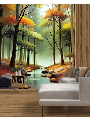 Arterior Wallpaper 100 cm x 100 cm Sonbaharda Ormanda Akan Dere Poster Duvar Kağıdı