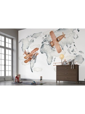 Arterior Wallpaper 160 cm x 100 cm Dünya Haritası Üzerinde Uçaklar Çocuk Odası Poster Duvar Kağıdı