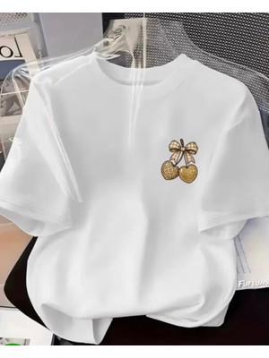 Nigrum Pardus Nıgrum Pardus Yeni Sezon Golden Cherry Baskılı %100 Pamuk Büyük Beden Oversize Kadın T-Shirt