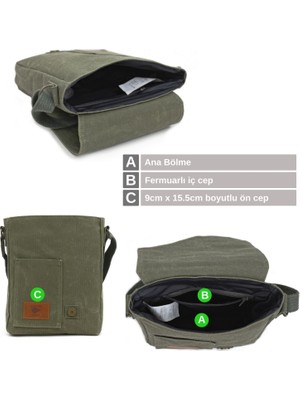 Old Cotton Cargo 7059 S Pretty Suya Dayanıklı Kumaş Omuz - Mini Laptop - Haki Postacı Çantası