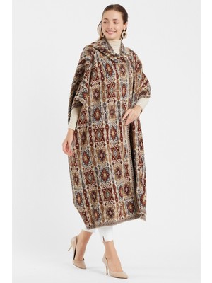uludağ triko Kilim Desen Kapşonlu Panço / Taş