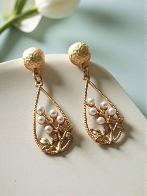 Halley Concept Vintage Tasarım Incili Bahar Dalı Gold Sallantılı Küpe