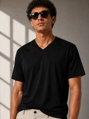 Marsilyan Erkek V Yaka Basic Tişört Kısa Kol Yazlık Regular Fit T-Shirt - Siyah