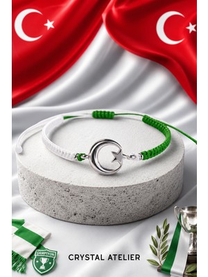 Crystal Atelier Yeşil Beyaz Ay Yıldız Taraftar Bileklik El Yapımı Ayarlanabilir Makrome Unisex