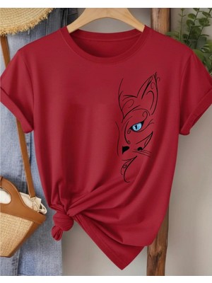 Nigrum Pardus Nıgrum Pardus Yeni Sezon Blue Eyed Cat Baskılı %100 Pamuk Büyük Beden Kadın T-Shirt