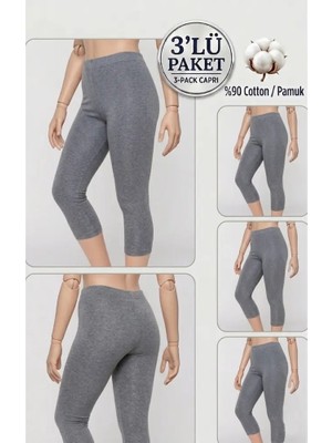 Altınay 3'lü Büyük Beden Pamuklu Kadın Tayt Yüksek Bel Kapri Rahat Esnek Toparlayıcı - Plus Size Capri Leggings - 5060