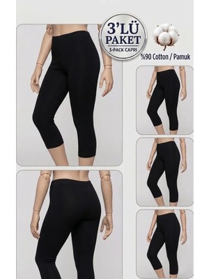 Altınay 3'lü Büyük Beden Pamuklu Kadın Tayt Yüksek Bel Kapri Rahat Esnek Toparlayıcı - Plus Size Capri Leggings - 5060