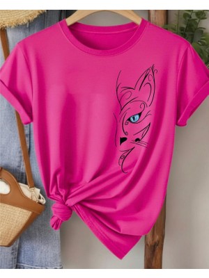 Nigrum Pardus Nıgrum Pardus Yeni Sezon Blue Eyed Cat Baskılı %100 Pamuk Büyük Beden Kadın T-Shirt