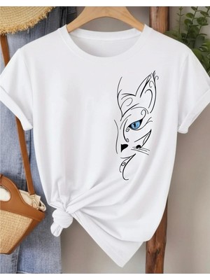 Nigrum Pardus Nıgrum Pardus Yeni Sezon Blue Eyed Cat Baskılı %100 Pamuk Büyük Beden Kadın T-Shirt