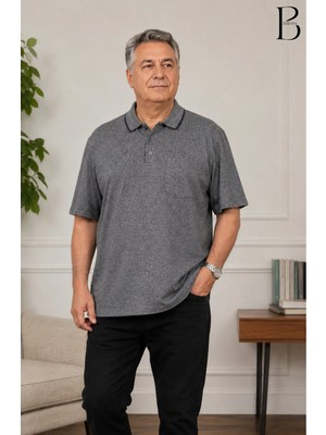 BURSPA Rahat Kesim Yakalı Cepli Erkek Baba Koyu Gri Yazlık T-Shirt