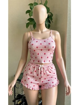 Nightlight Kadın Pembe Çilek Desenli Fırfırlı Şortlu Pijama Takımı - Ip Askılı Ribanalı Ev Giyimi Seti - 3770