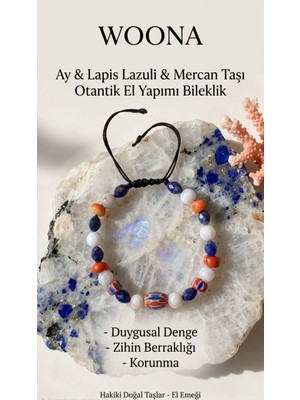 Woona Ay & Lapis Lazuli & Mercan Taşı Otantik El Yapımı Doğal Taş Duygusal Denge & Zihin Berraklığı ve Korunma Bilekliği
