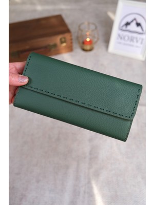 Norvi Leather Saraciye Dikişli Telefon Bölmeli Hakiki Deri Cüzdan Yeşil 1052