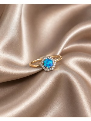 Rome Oro Yuvarlak Mavi Opal Taşlı Yüzük