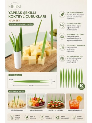Mersi Shop Yaprak Şeklinde Kokteyl Çubukları 10’lu Set – Dekoratif Sunum ve Atıştırmalık Çubuğu