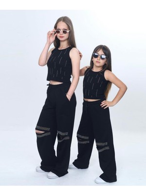 Ay Kids Kız Çocuk Taş Detaylı Siyah Kolsuz Badi  Bol Paça Pantolon Takım 1183