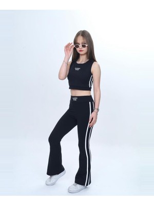 Ay Kids Kız Çocuk Siyah Crop Atlet Ispanyol Paça Şerit Detaylı Takım 1102-