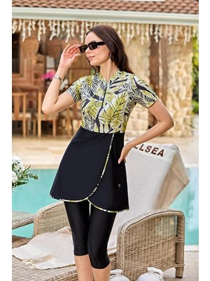 İKSUN Kadın Kısa Kollu Yarı Kapalı Tesettür Mayo Taytlı Boneli Takım Short Arm Swimsuit