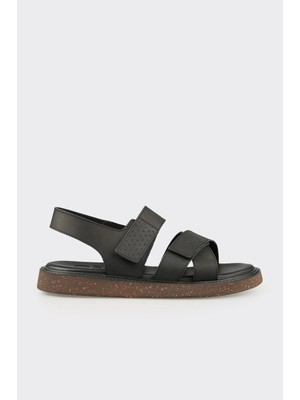 Elle Siyah Deri Erkek Sandalet