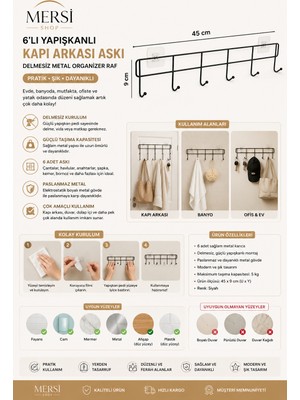 Mersi Shop 6’lı Yapışkanlı Kapı Arkası Askı – Delmesiz Metal Duvar ve Kapı Organizer Raf