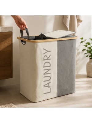 Meturas 2 Bölmeli Çift Kapaklı Jüt Kumaş Çamaşır Sepeti 60X55 cm Su Itici Kolay Silinebilir Kirli Sepeti Organizer