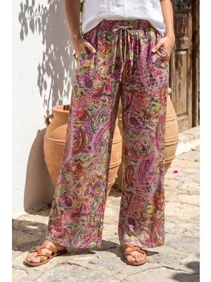 Azıcık Akıllı Kadın Yeşil Pembe Paisley Çiçek Rahat Dökümlü Bol Paça Dokuma Şalvar 25KSLVH504