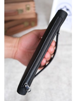 Norvi Leather Telefon Bölmeli Portföy Hakiki Deri Parçalı Tasarım Siyah 1241