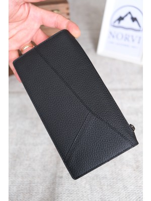 Norvi Leather Telefon Bölmeli Portföy Hakiki Deri Parçalı Tasarım Siyah 1241