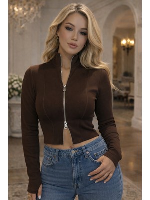 Mügerella Kadın Fermuarlı Fitilli Crop Hırka Uzun Kollu Şık Basic Üst