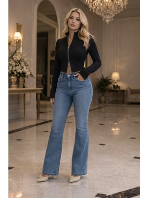 Mügerella Kadın Fermuarlı Fitilli Crop Hırka Uzun Kollu Şık Basic Üst