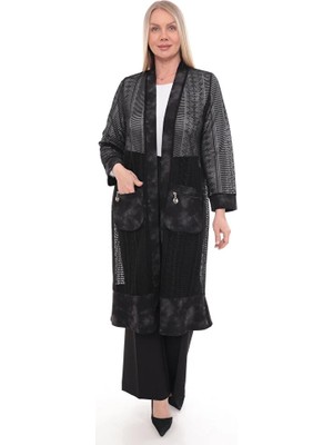 İKSUN Kadın Siyah Dantel File Detaylı Uzun Yazlık Cepli Anne Hırka Kimono