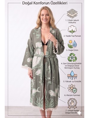 Müslin Kimono Bornoz Sabahlık %100 Pamuk Üç Katlı Jakarlı Dokuma Türk Havlusu Peştamal Giyim