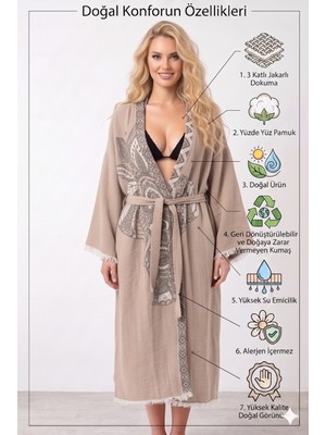 Müslin Kimono Bornoz Sabahlık %100 Pamuk Üç Katlı Jakarlı Dokuma Türk Havlusu Peştamal Giyim