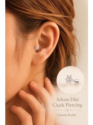 Zirkon Taşlı Çiçek Piercing 316L Çelik Barlı Arkası Düz Helix Tragus Conch