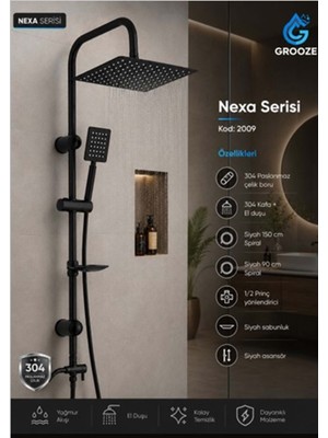 Leva House Grooze Robot Duş Seti - Flat Duş Seti - Nexa - 304 Mat Siyah Metal Tepe ve El Duşu