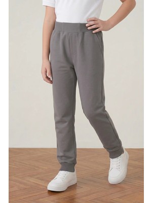 Fatella Unisex Çocuk 2 Iplik Mevsimlik Ribana Bel Lastikli Paça Kompakt Gri Penye Pantolon Eşofman Altı Okul ve Günlük Kullanım