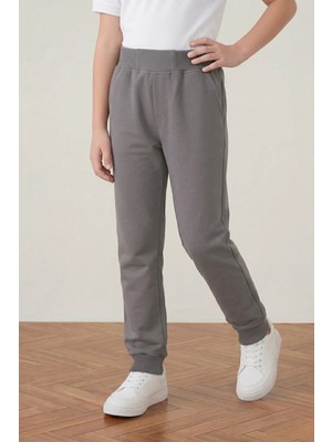 Fatella Unisex Çocuk 2 Iplik Mevsimlik Ribana Bel Lastikli Paça Kompakt Gri Penye Pantolon Eşofman Altı Okul ve Günlük Kullanım