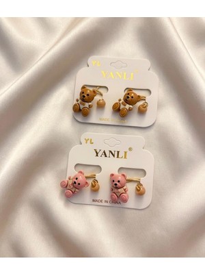 Happy Aksesuar Ayıcık Figürlü Lastik Çocuk Toka Set 2'li Pembe ve Kahverengi