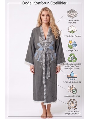 Müslin Kimono Bornoz Sabahlık %100 Pamuk Üç Katlı Jakarlı Dokuma Türk Havlusu Peştamal Giyim