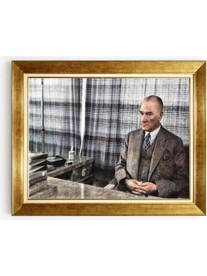 Tablore Mustafa Kemal Atatürk Çalışma Masası Temalı Altın Varak Çerçeveli Ofis Duvar Tablosu