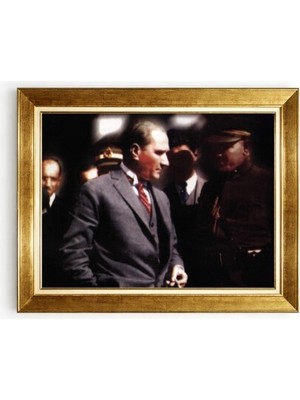 Tablore Altın Çerçeveli Mustafa Kemal Atatürk Portre Tablo Nostaljik Tarihi Renkli Atatürk Fotoğrafı Duvar Dekoru