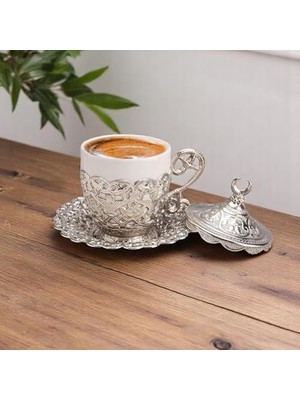 Ohbe Express Hilal Motifli Türk Kahvesi Fincanı ve Tabağı – Gövde, Porselen Iç Kupa – Geleneksel Gelincik Model (Tekli) (Gümüş Rengi)